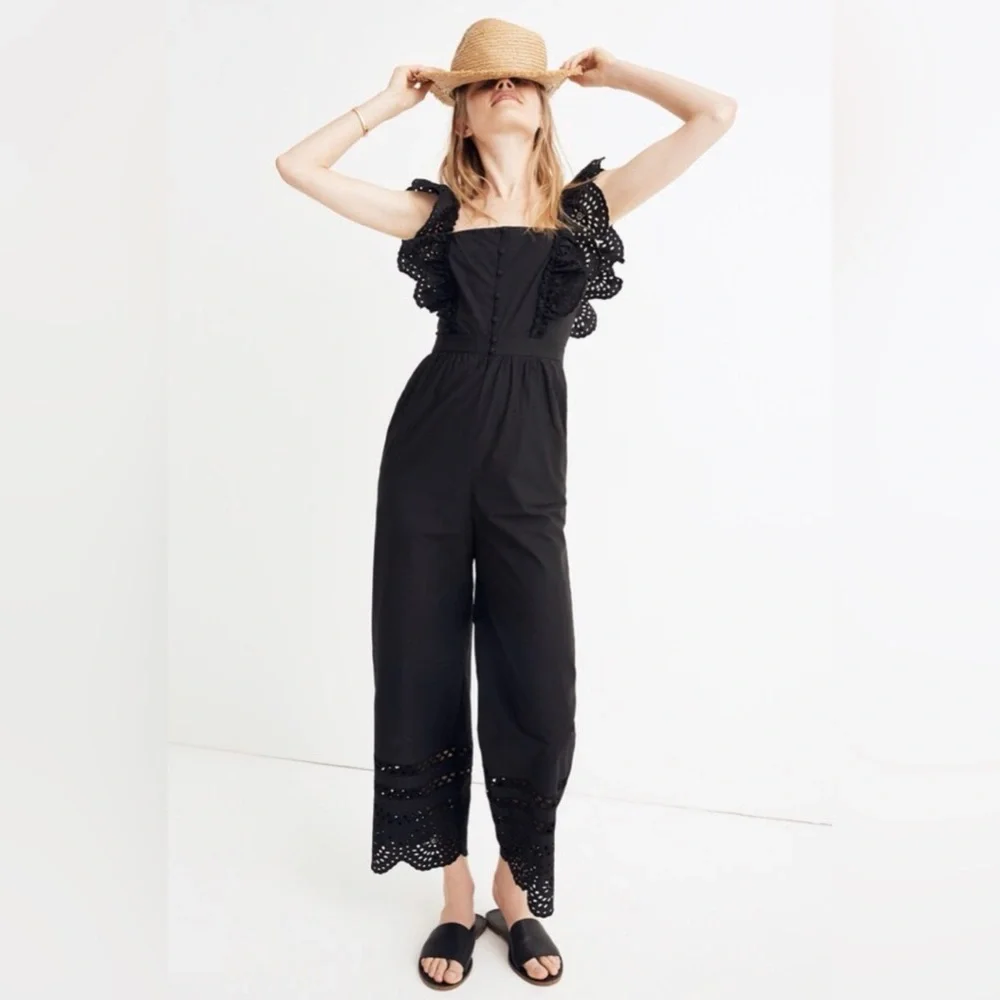 Madewell Black Eyelet Frilled-Strap Jumpsuit 100% cotton Romper‎ Size 2 NWT